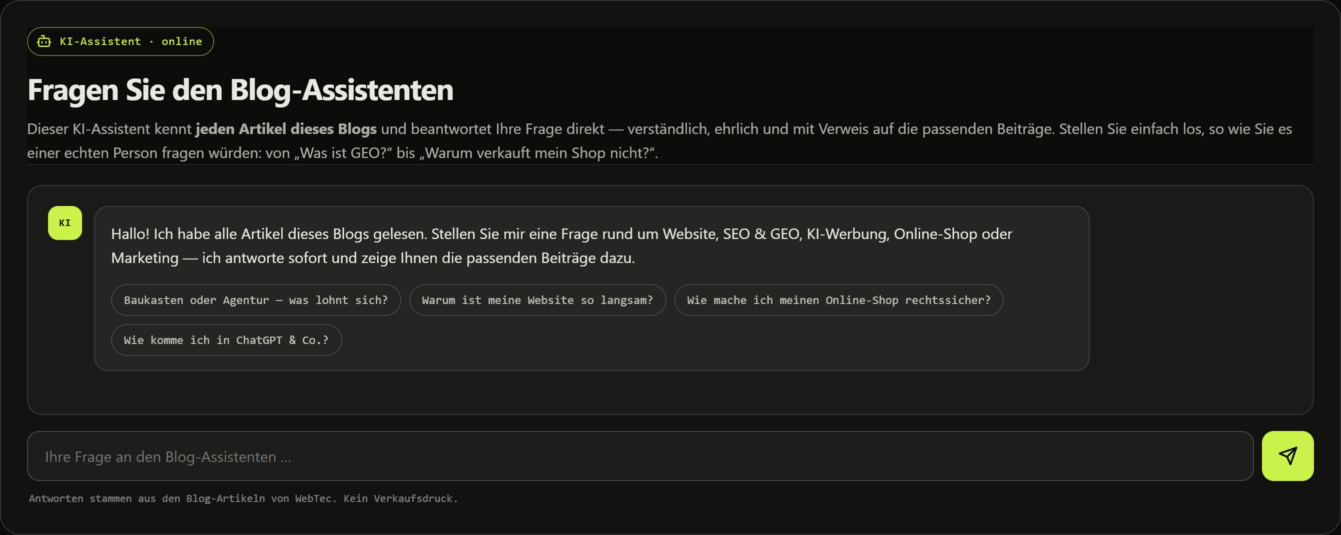 Der WebTec Blog-Assistent, der alle Blog-Artikel kennt — live im Blog