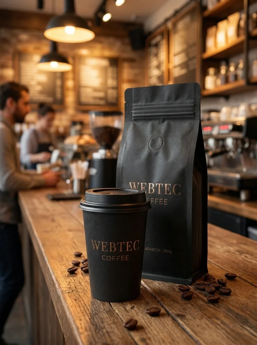 KI-generiertes Branding-Motiv: WEBTEC-COFFEE-Verpackung und gebrandeter Coffee-to-go-Becher auf einem Café-Tresen