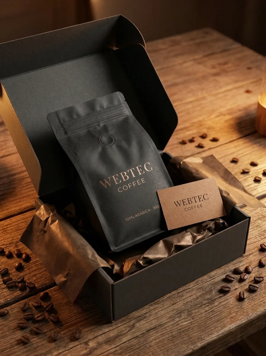 KI-generiertes Branding-Motiv: WEBTEC-COFFEE-Verpackung in geöffneter Geschenkbox mit Kraftpapier-Visitenkarte