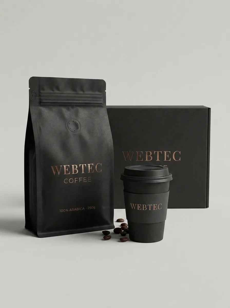 KI-generiertes Branding-Motiv: WEBTEC-COFFEE-Verpackung mit Geschenkbox und gebrandetem Coffee-to-go-Becher