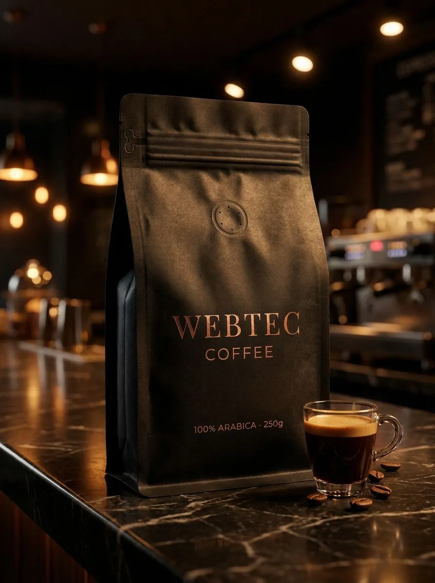 KI-generiertes Produktfoto: WEBTEC-COFFEE-Verpackung auf dunklem Marmortresen im Café, daneben ein Glas Espresso