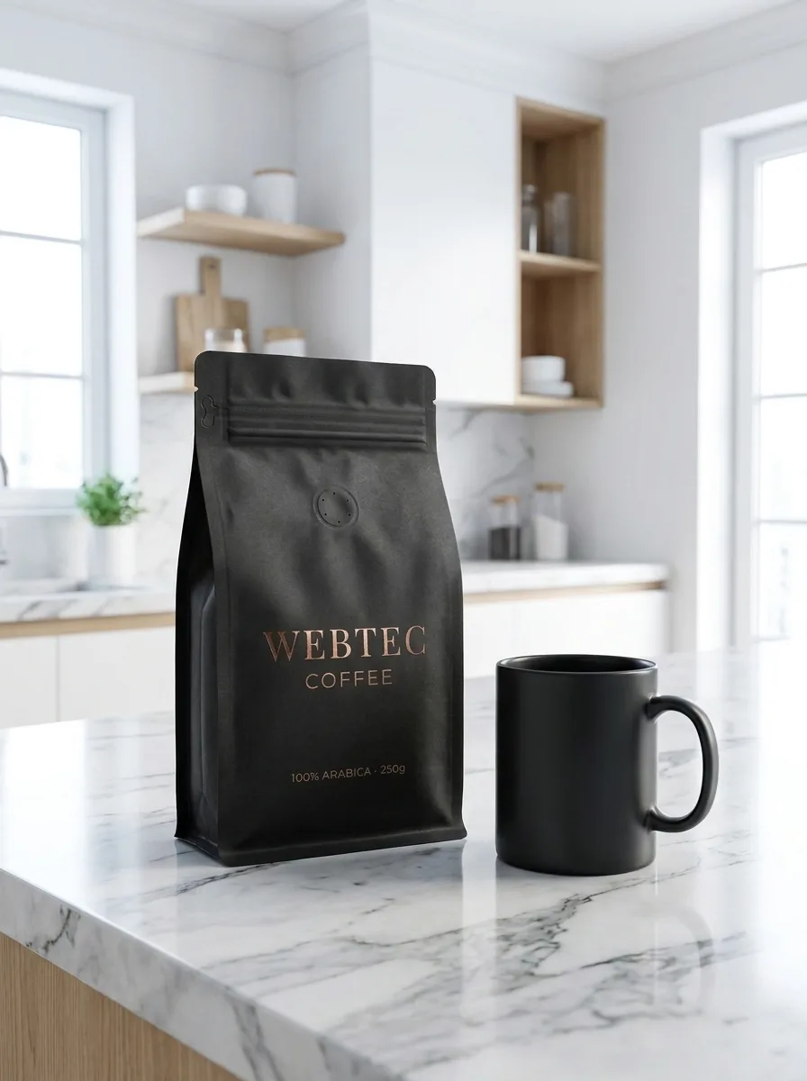 KI-generiertes Produktfoto: WEBTEC-COFFEE-Verpackung auf heller Marmorküche mit schwarzer Tasse