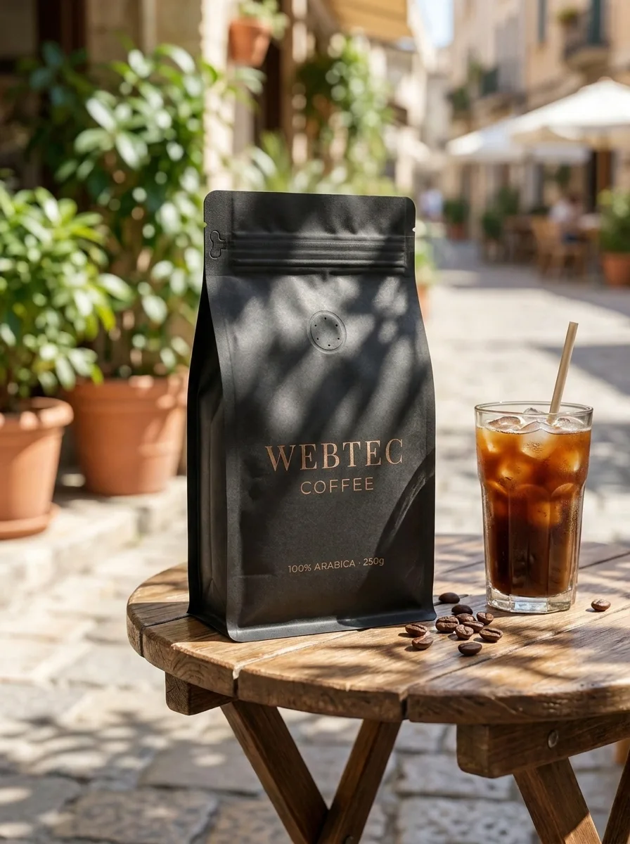 KI-generiertes Produktfoto: WEBTEC-COFFEE-Verpackung auf einem sonnigen Straßencafé-Tisch mit Eiskaffee