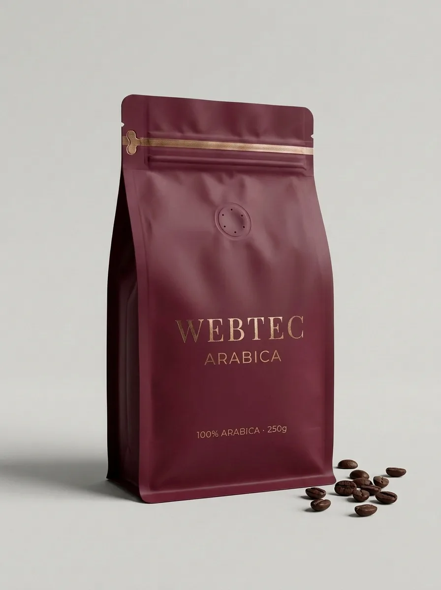 KI-generiertes Produktfoto: WEBTEC ARABICA in bordeauxroter Verpackung mit Kaffeebohnen