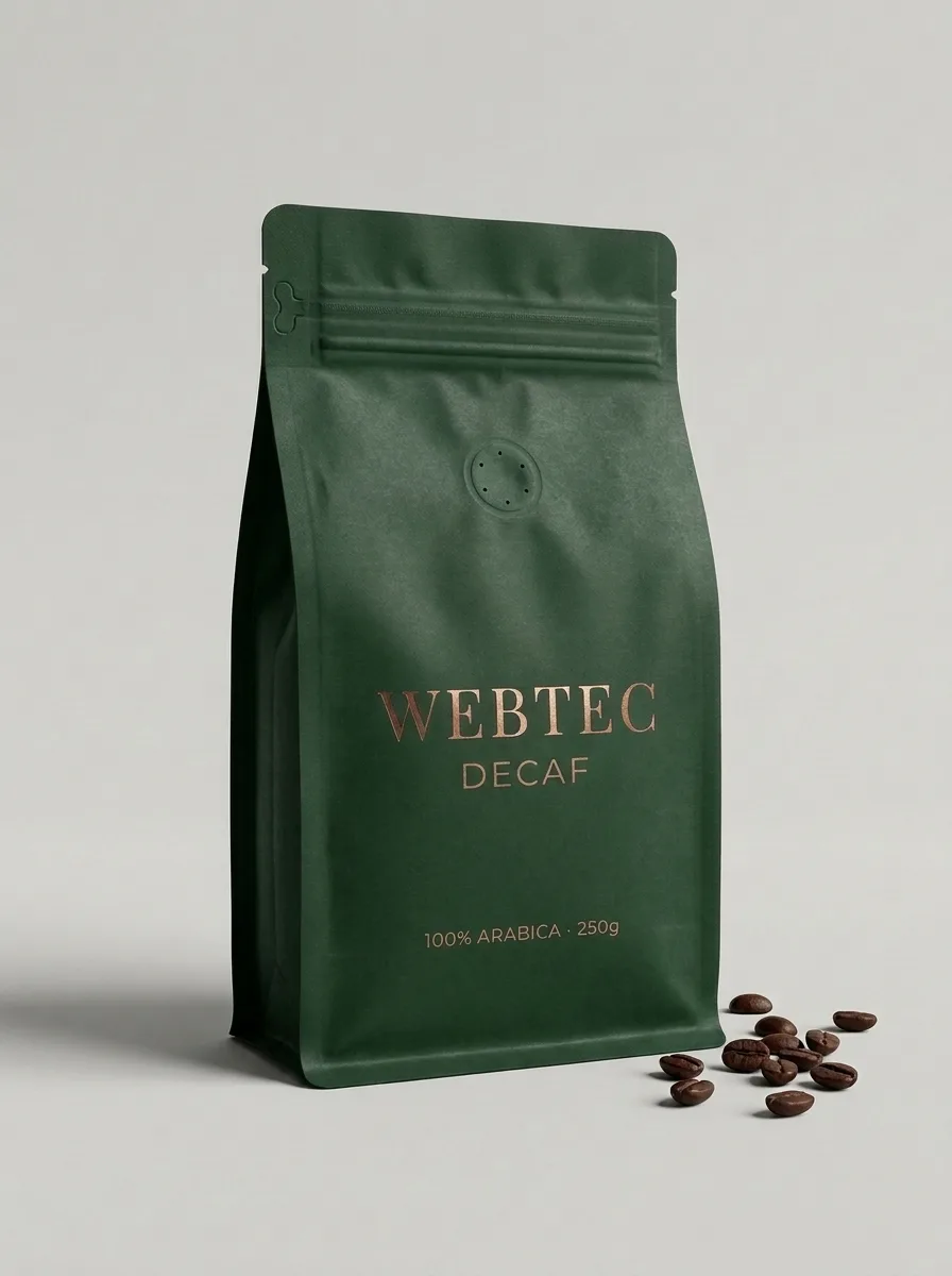 KI-generiertes Produktfoto: WEBTEC DECAF in grüner Verpackung mit Kaffeebohnen