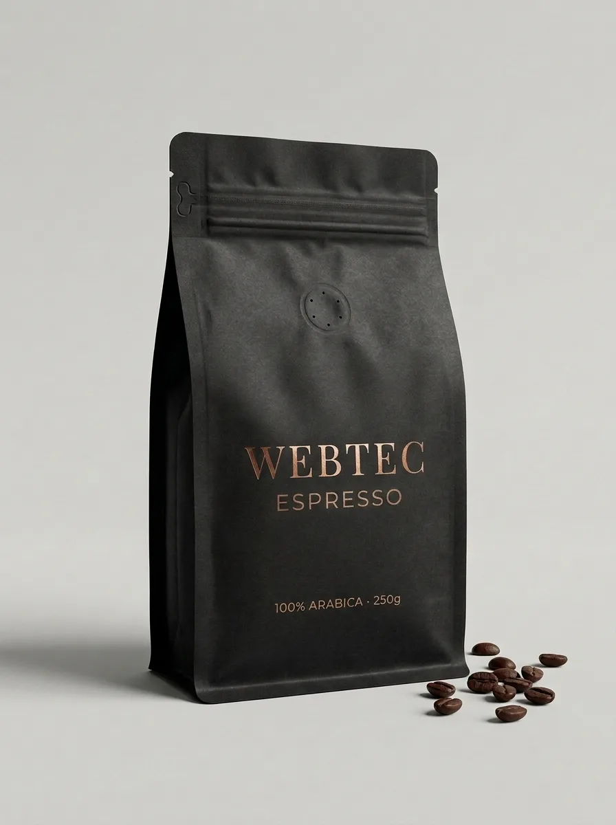 KI-generiertes Produktfoto: WEBTEC ESPRESSO in schwarzer Verpackung mit Kaffeebohnen