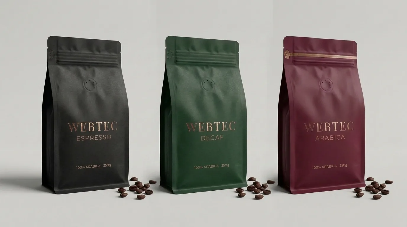 KI-generiertes Produktfoto: komplette WEBTEC-COFFEE-Produktlinie – Espresso, Decaf und Arabica nebeneinander mit Kaffeebohnen