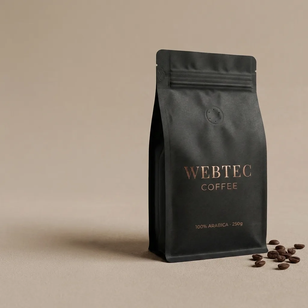 KI-generierter Social-Content im Quadrat 1:1: WEBTEC-COFFEE-Verpackung auf sandfarbenem Hintergrund mit Kaffeebohnen – für den Feed