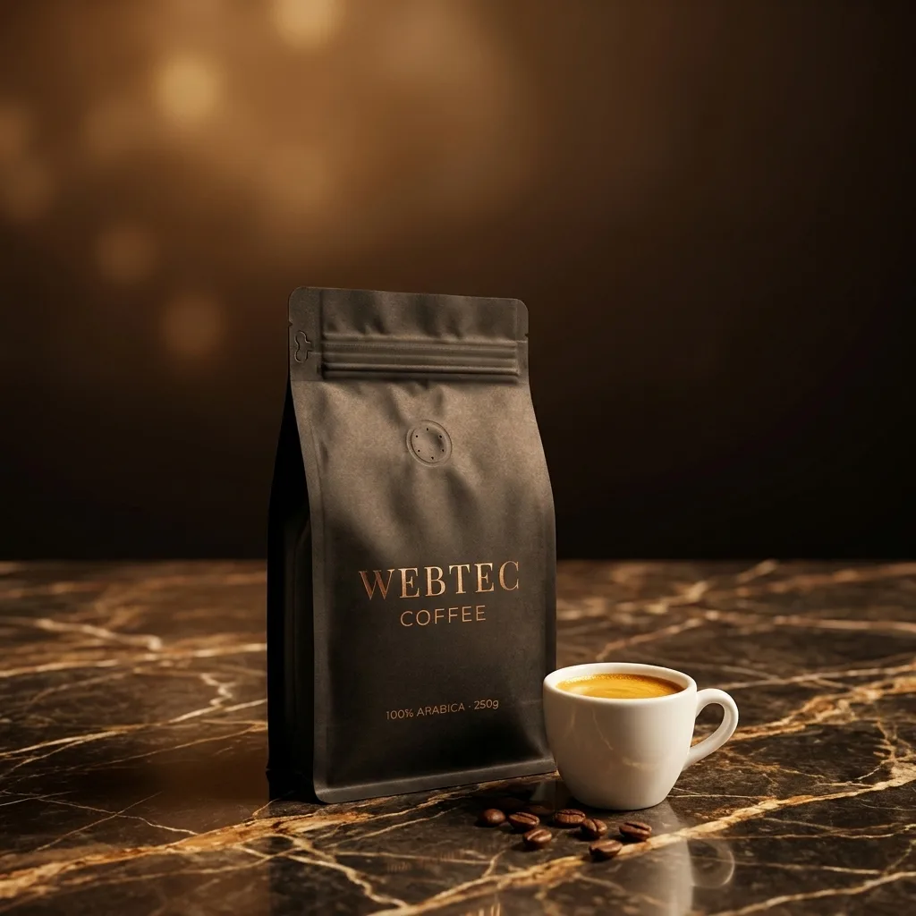 KI-generierter Social-Content im Quadrat 1:1: WEBTEC-COFFEE-Verpackung auf dunklem Marmor mit Espressotasse und warmem Bokeh – für den Feed