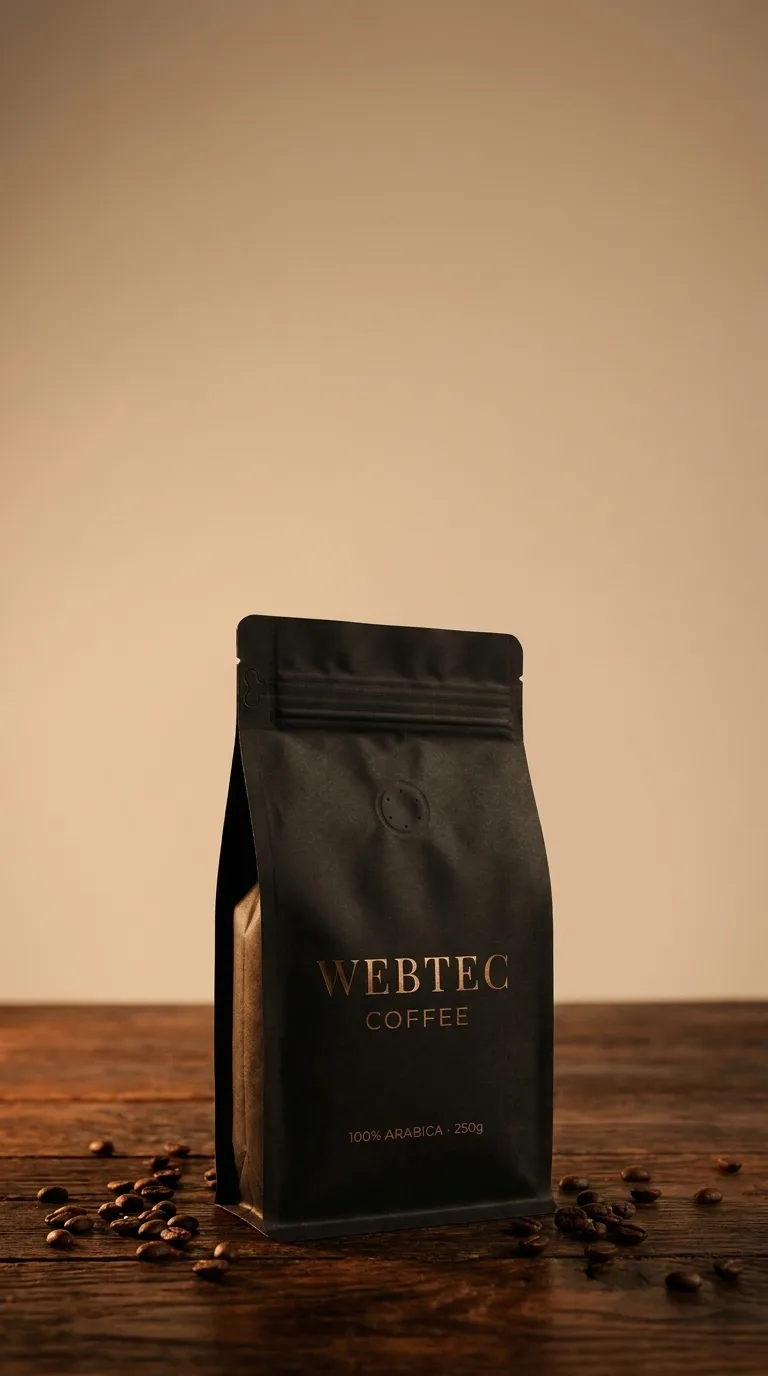 KI-generierter Social-Content im Hochformat 9:16: WEBTEC-COFFEE-Verpackung auf dunklem Holztisch mit Kaffeebohnen – für Stories und Reels