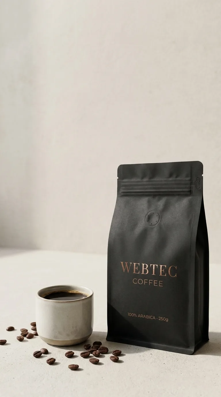 KI-generierter Social-Content im Hochformat 9:16: WEBTEC-COFFEE-Verpackung auf hellem Beige mit Tasse und Kaffeebohnen – für Stories und Reels