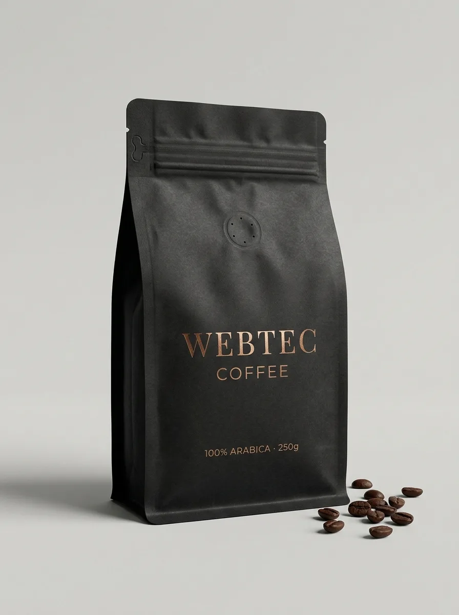 Ausgangsbild vom Kunden: schwarze WEBTEC-COFFEE-Verpackung (100% Arabica, 250g) mit Kaffeebohnen vor grauem Studiohintergrund