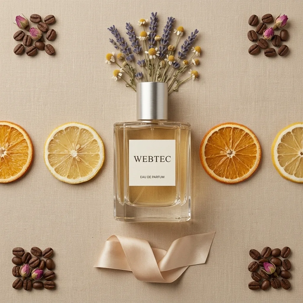 KI-generiertes Flatlay: Parfumflakon mit getrockneten Orangenscheiben, Lavendel, Kaffeebohnen und Satinband
