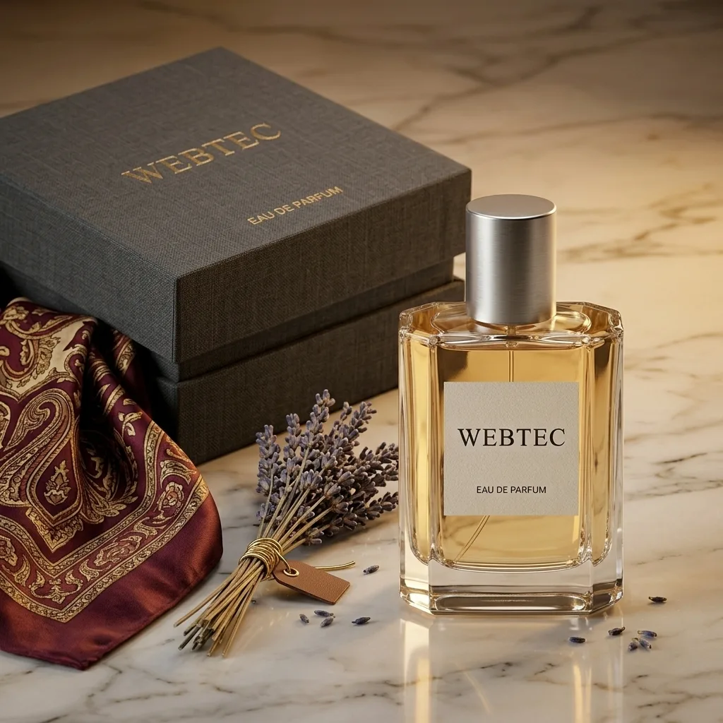 KI-generierte Komposition: Parfum-Geschenkset mit Verpackung, Seidentuch und Lavendel auf Marmor