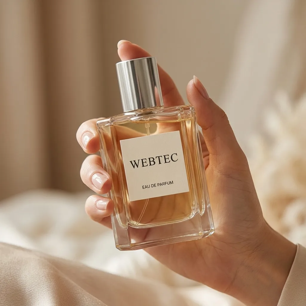 KI-generiertes Produktfoto: Hand hält Parfumflakon in heller, weicher Wohnszene