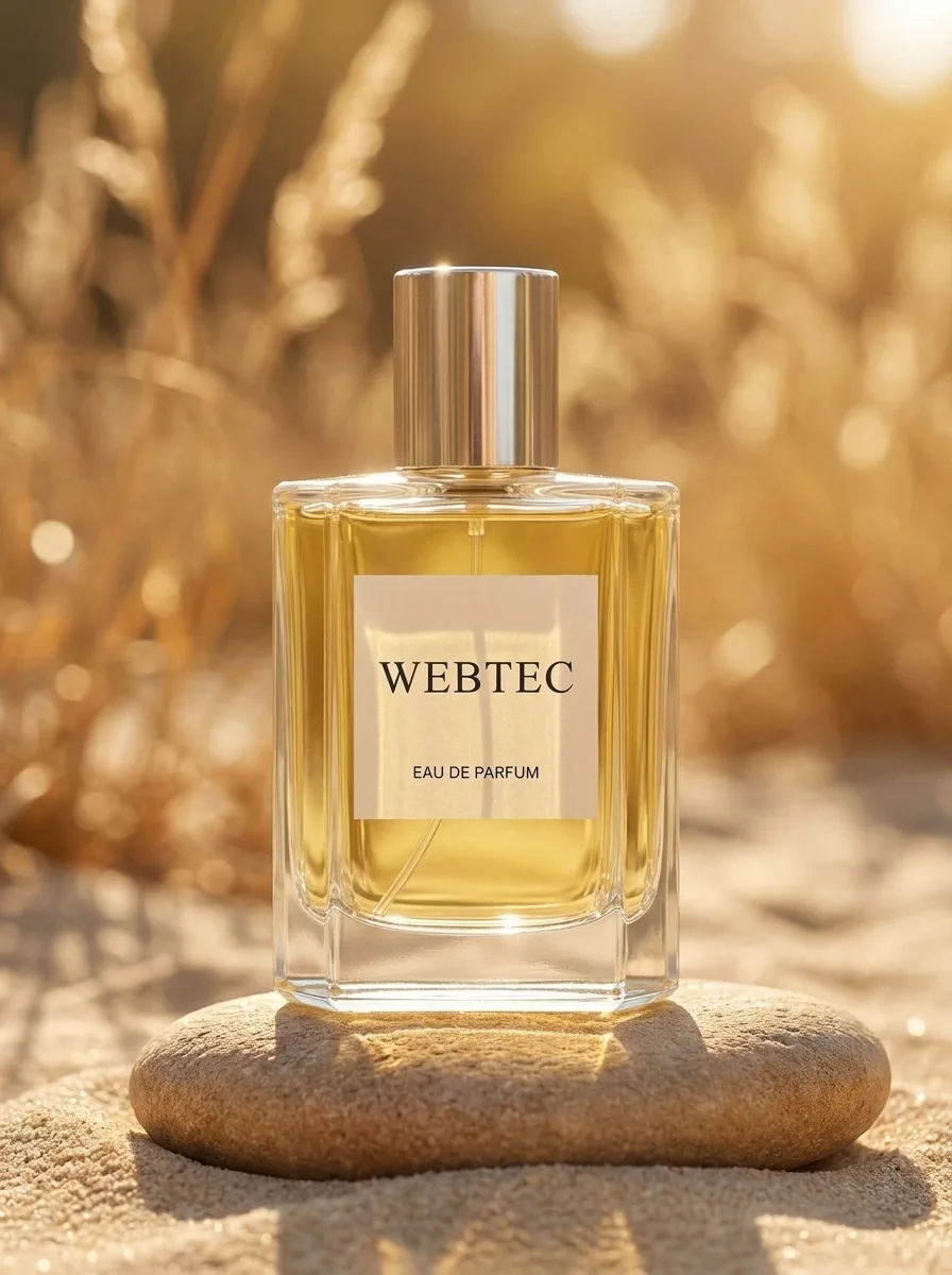 KI-generiertes Produktfoto: Parfumflakon auf einem Stein in goldener Naturszene mit Gräsern