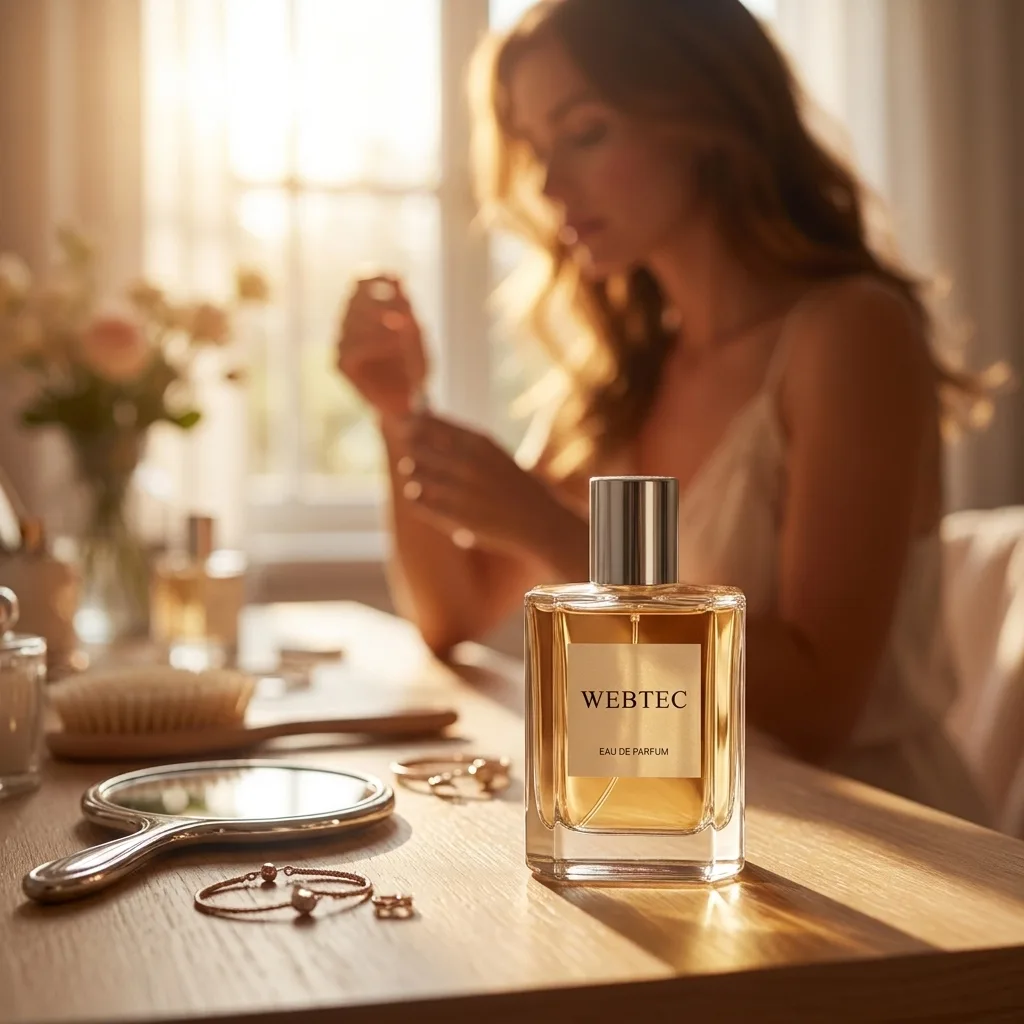KI-generierte Lifestyle-Aufnahme: Parfumflakon auf dem Schminktisch, Frau im Morgenlicht im Hintergrund