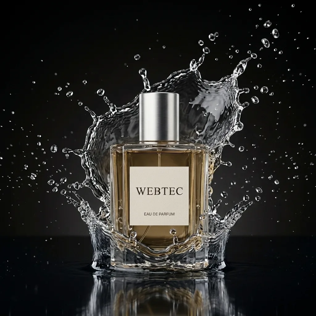 KI-generierte Komposition: Parfumflakon mit dynamischem Wasser-Splash vor schwarzem Hintergrund