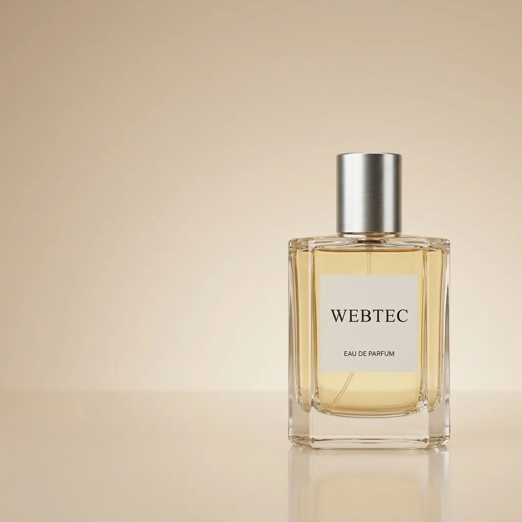 KI-generiertes Werbemotiv: Parfumflakon minimalistisch in Beige mit freier Fläche für Slogan