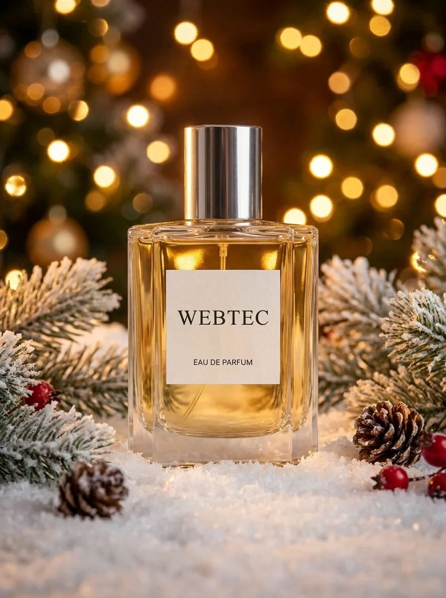 KI-generiertes Produktfoto: Parfumflakon in festlicher Winterszene mit Schnee, Tannenzweigen und Bokeh-Lichtern