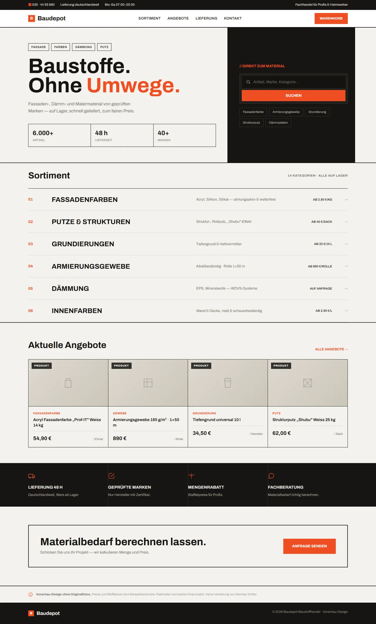 Baudepot — Online-Shop-Design, Desktop-Ansicht