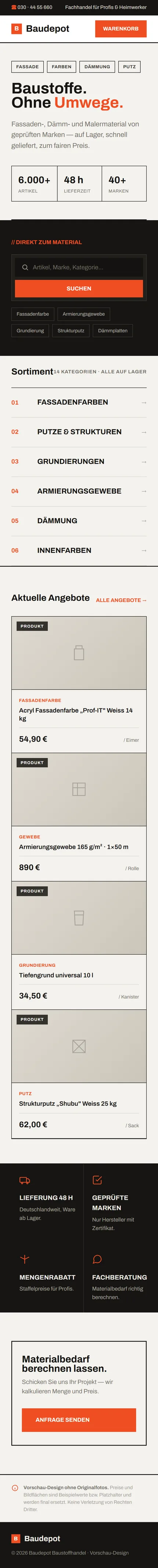 Baudepot — mobile Ansicht