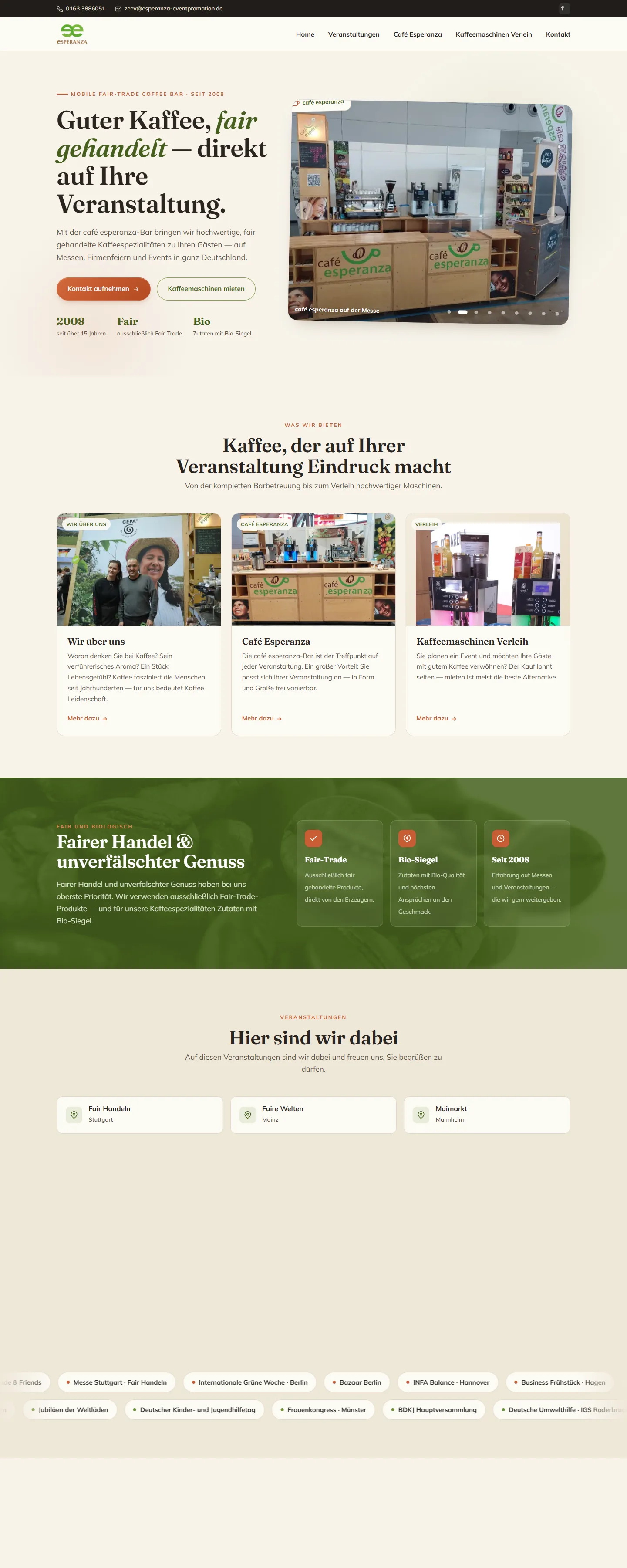 Esperanza Event Promotion — individuell entwickelte Website, Desktop-Ansicht