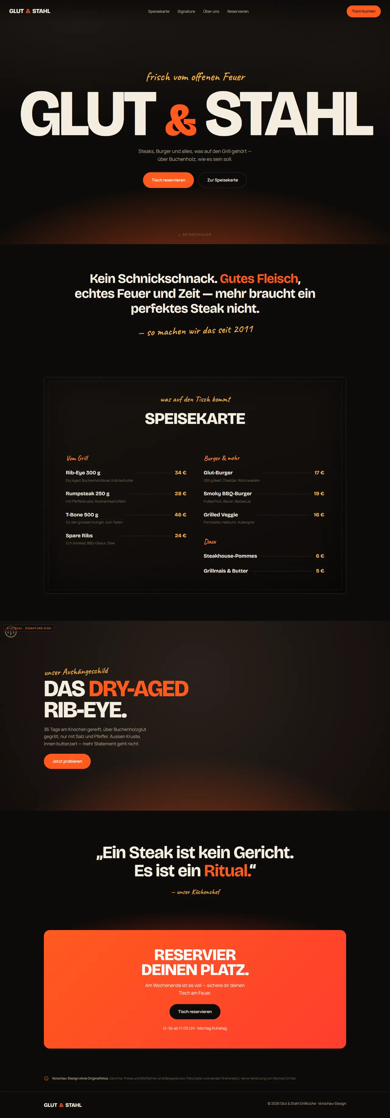 Glut & Stahl — Website-Design, Desktop-Ansicht