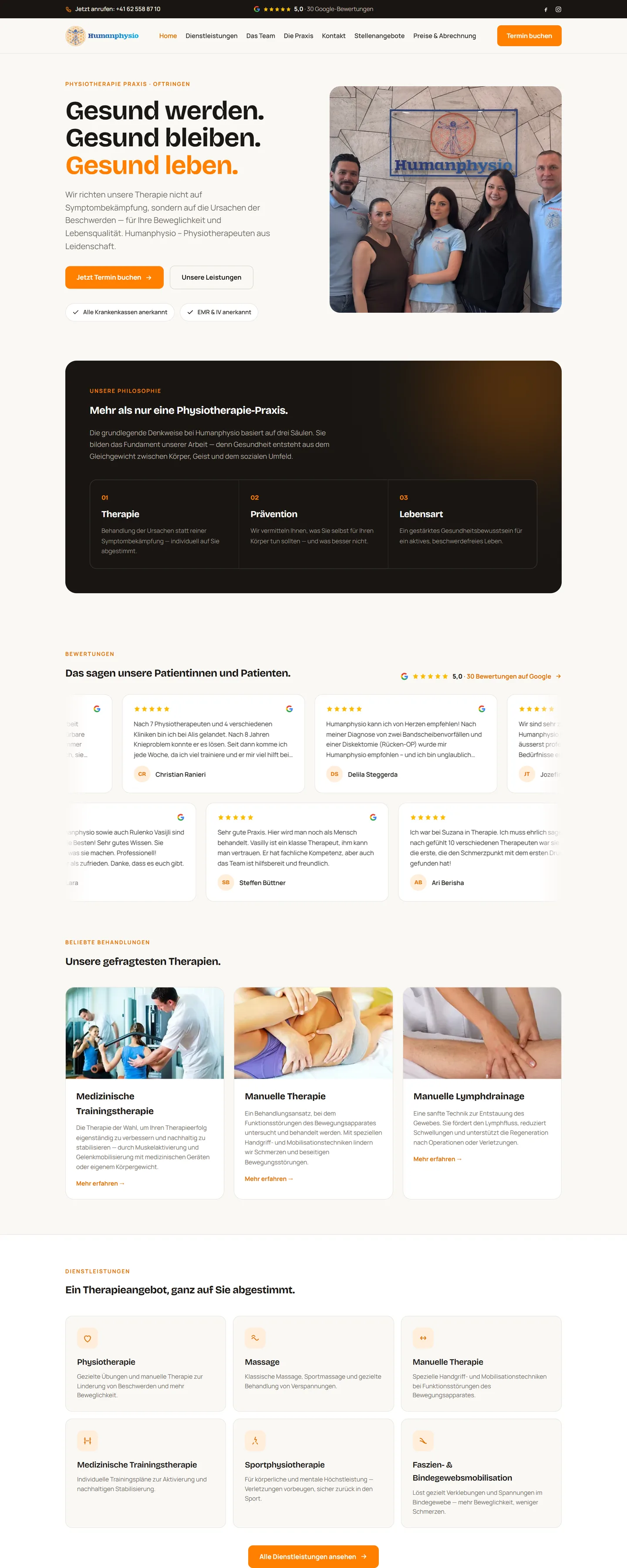 Humanphysio — individuell entwickelte Website für eine Physiotherapie-Praxis, Desktop-Ansicht