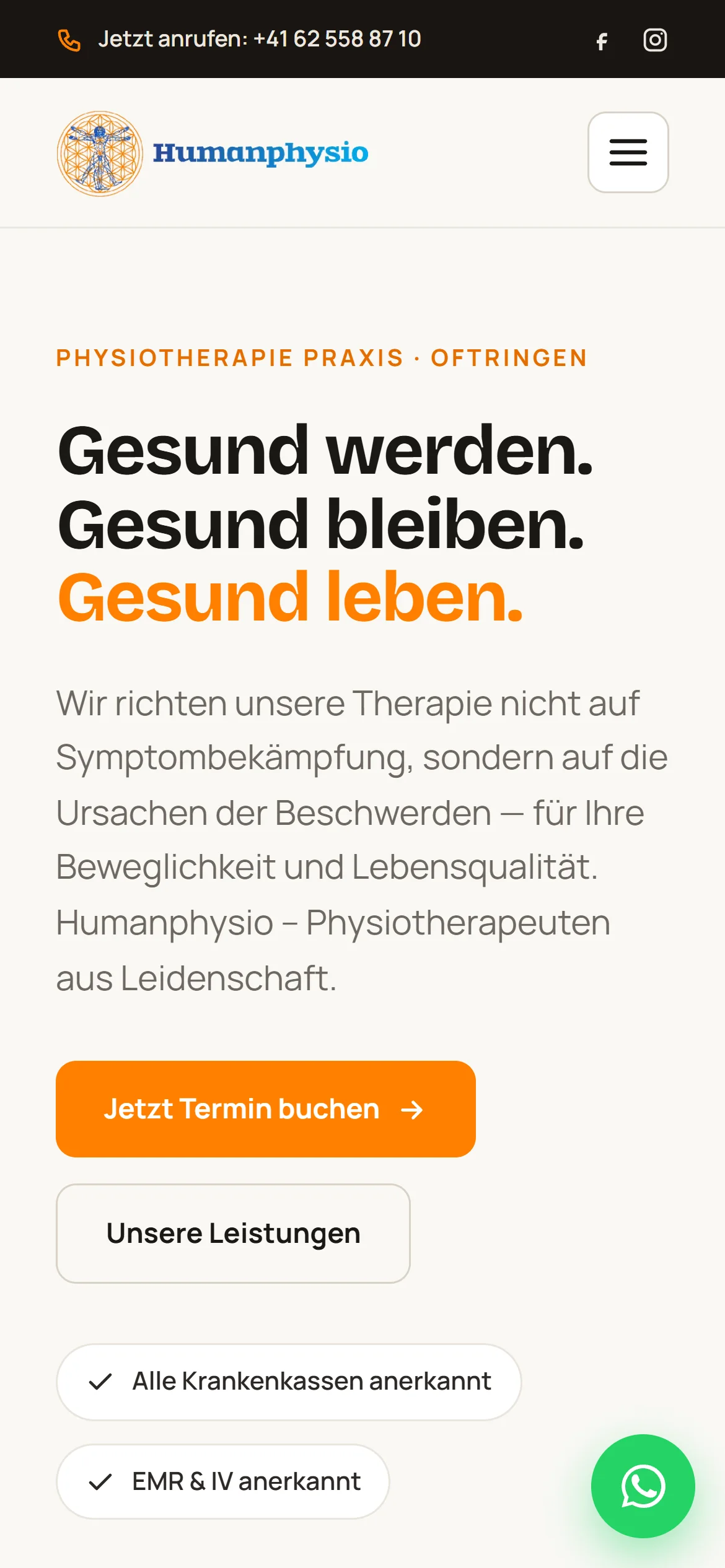 Humanphysio — mobile Ansicht der individuell entwickelten Website