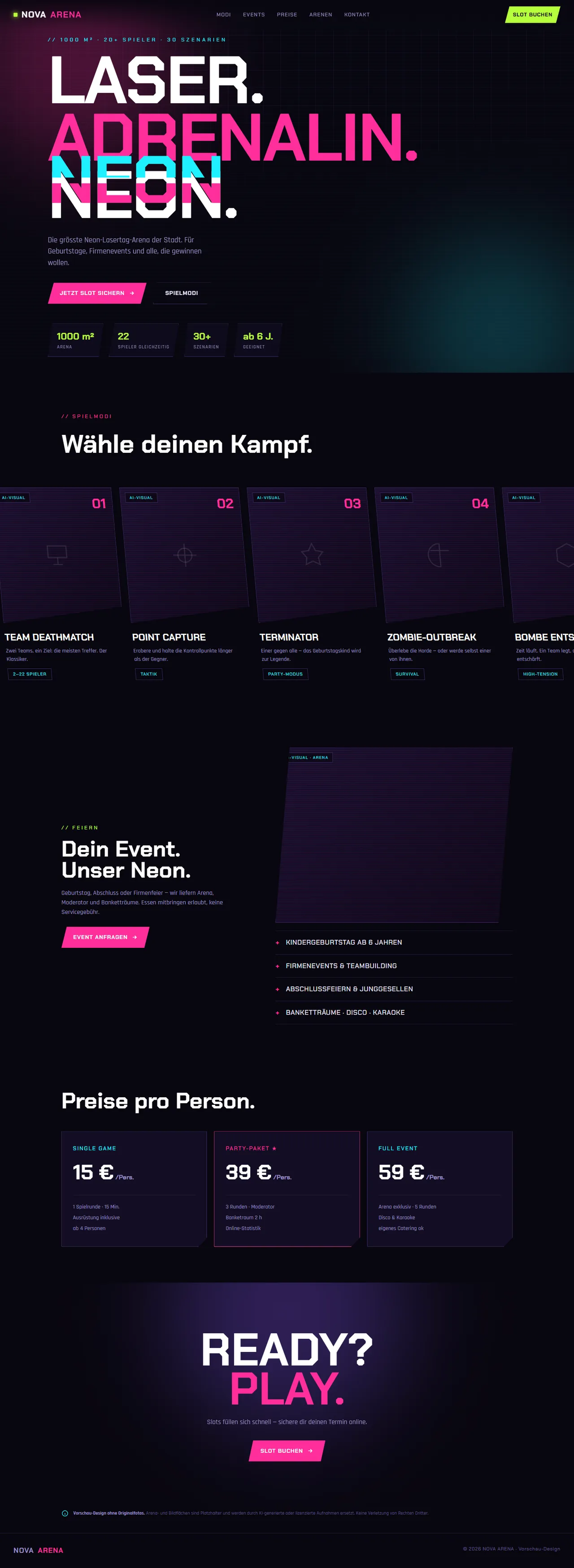Nova Arena — Website-Design, Desktop-Ansicht