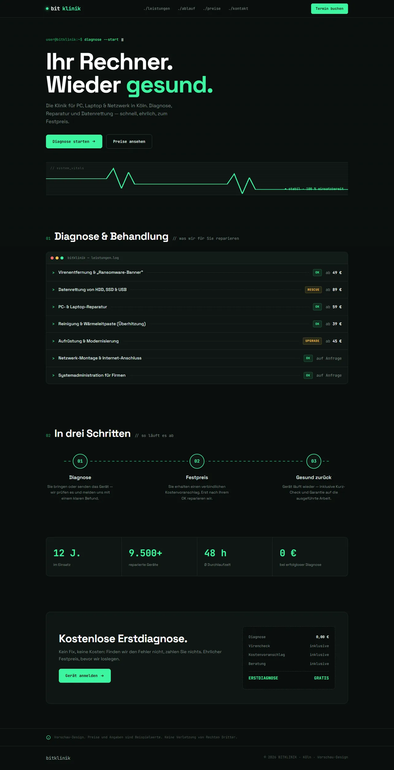 Bitklinik — Website-Design, Desktop-Ansicht