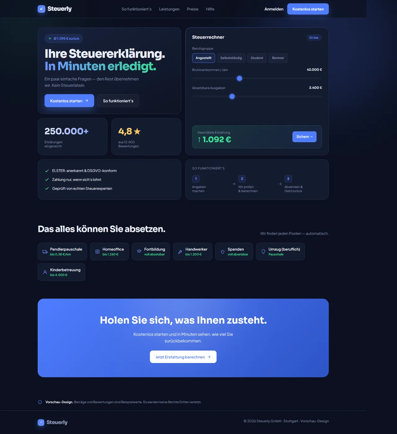 Steuerly — Website-Design, Desktop-Ansicht